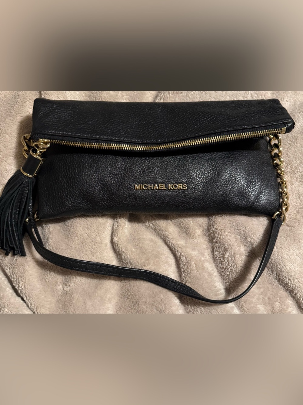 Michael Kors Black Leather Fold-Over Crossbody with Gold Logo